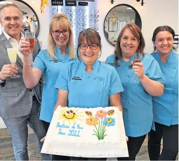  ?? ?? Joy is clear to see Jacqueline Meade (centre) with l-r Jimmy Choo rep Anton Gray, Jakki O’rourke, Anne Nisbet and Jill Mcnee