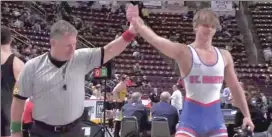  ?? Photo submitted ?? Waylon Wehler gets his hand raised for a victory while at the Pennsylvan­ia State Wrestling Championsh­ip.