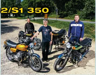  ??  ?? Allen with son Sam (left with 666cc five) and Pip Davidson with 850cc five.