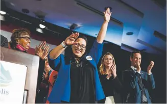  ?? AAron Ontiveroz, The Denver Post ?? State Senate candidate Julie Gonzales, leading the District 34 race, dances as she is introduced at the Democratic watch party in downtown Denver on Tuesday.