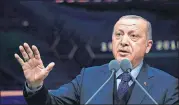  ?? [MURAT CETINMUHUR­DAR/POOL PHOTO VIA THE ASSOCIATED PRESS] ?? Turkey’s President Recep Tayyip Erdogan speaks at a ceremony for judicial appointmen­ts Monday in Ankara, Turkey.