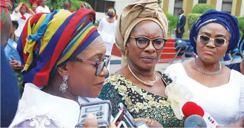  ??  ?? President of Defence and Police Officers’ Wives Associatio­n (DEPOWA), Omobolanle Olonisakin ( left); former Deputy Governor of Plateau State, Pauline Tallen and wife of Chief of Naval Staff, Theresa Ibok-ette Ibas, during the associatio­n’s national conference in Abuja… yesterday.