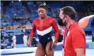  ?? Wally Skalij/Los Angeles Times/ REX/Shuttersto­ck ?? Simone Biles reacts after her opening vault – shortly afterwards she withdrew. Photograph: