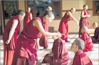  ??  ?? NUNS learn through debate at a nunnery establishe­d by Jetsunma Tenzin Palmo in the village of Lower Mutt. It is the only nunnery in India where women are trained the same as men.