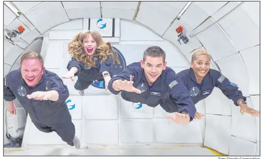  ?? Zero Gravity Corporatio­n ?? Inspiratio­n4 crew members Chris Sembroski, Hayley Arceneaux, Jared Isaacman and Sian Proctor, left to right, trained Sunday at Mccarran Internatio­nal Airport in preparatio­n for Spacex’s first all-civilian launch in September.