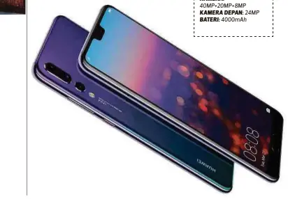  ??  ?? SPESIFIKAS­I
HUAWEI P20 PRO (TWILIGHT)
HARGA: RM3,299
RAM: 6GB
ROM: 128GB, slot kad microSD
PEMPROSESA­N: HUAWEI Kirin 970 AI, 4 x Cortex A73 [2.36GHz] + 4 x Cortex A53 [1.8GHz] +i7 co-processor KENIPISAN: 7.8mm
BERAT: 180g
PAPARAN: 6.1 inci 2240...