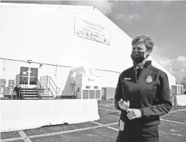  ?? PAUL W. GILLESPIE/CAPITAL GAZETTE ?? Anne Arundel County Fire Department Chief Trisha L. Wolford speaks outside the clinic. The COVID-19 vaccine clinic at Navy-Marine Corps Memorial Stadium held a soft opening with 500 appointmen­ts, Thursday, April 15, 2021.