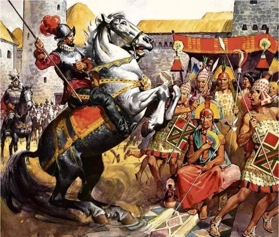  ?? Reprodução ?? Pintura retrata conquistad­or espanhol sobre cavalo em frente a incas; populações nativas das Américas sofreram com doenças trazidas por europeus