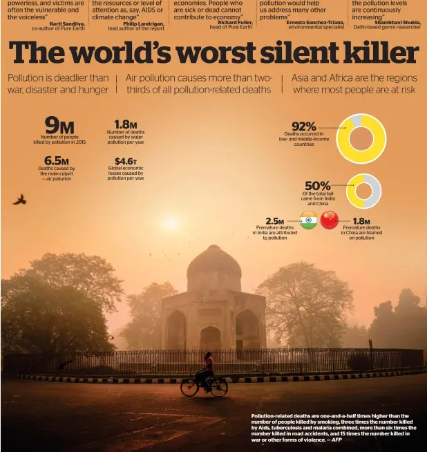  ??  ?? Number of people killed by pollution in 2015 Deaths caused by the main culprit — air pollution Number of deaths caused by water pollution per year Global economic losses caused by pollution per year Deaths occurred in low- and middle-income countries...