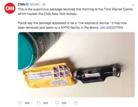  ??  ?? This screenshot from CNN’s Twitter account and distribute­d by the Associated Press shows what CNN says is the explosive device that was delivered to its New York headquarte­rs on Wednesday.