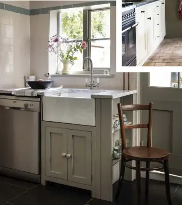  ??  ?? Left Old wooden caféstyle chairs add warmth to a grey kitchen