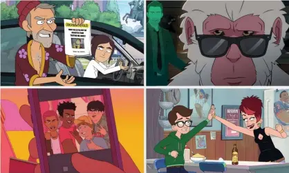  ?? ?? Top left, clockwise: Inside Job, Marvel’s Hit-Monkey, Chicago Party Aunt and Fairfax. Composite: Netflix, Amazon Prime, Marvel