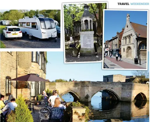  ??  ?? TOP (L-R) Stroud Hill Park is an adults-only caravan park and very welcoming; Huntingdon’s monument to the Boer War; the building where Cromwell went to school now houses the Cromwell Museum ABOVE The River Terrace Café in St Ives overlooks the town’s main bridge