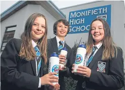  ?? Picture: Kris Miller. ?? The Courier’s Can It campaign with, from left, Rachael Crossan, Jamie Stewart and Lauren Mitchell who were among pupils encouraged to ditch energy drinks.