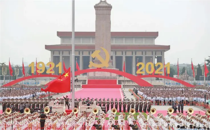  ?? Photo: Xinhua ?? CPC CENTENARY CEREMONY: A national flag-raising ceremony was held at Tian’anmen Square in Beijing yesterday morning during a ceremony marking the centenary of the Communist Party of China (CPC).