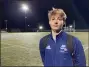  ?? MIKE CABREY/MEDIANEWS GROUP ?? North Penn’s Dominik Gedek scored in overtime to give the Knights a 2-1 win over Central Bucks South in the District 1-4A quarterfin­als on Thursday.