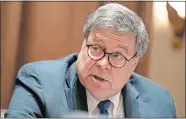  ?? [EVAN VUCCI/ASSOCIATED PRESS FILE PHOTO] ?? Attorney General William Barr speaks during a meeting between President Donald Trump and Republican state attorneys general about social media companies Sept. 23 in the Cabinet Room of the White House in Washington.