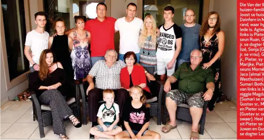  ??  ?? Die Van der Westhuizen-familie by Joost se huis op Dainfern in Midrand, waar hy oorlede is. Agter van links is Pieter se seun Ruan, Gustav jr. se dogter Marlizé, Sonja (Gustav jr. se vrou), Gustav jr., Pieter, sy vrou, Marijke, Pieter se seuns Morné en...