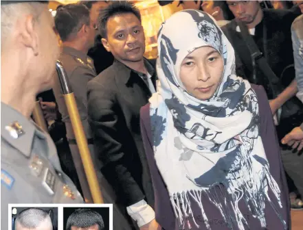  ?? WICHAN CHAROENKIA­TPAKUL ?? Wanna Suansan is escorted to for questionin­g in the case in which she is accused of sheltering two Uighur men — Adem Karadag, also known as Bilal Mohammed, left inset, and Yusufu Mieraili, right inset — who were allegedly complicit in the deadly Erawan...