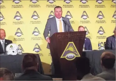  ?? Marietta Daily Journal - John Bednarowsk­i ?? Kennesaw State coach Brian Bohannon makes opening remarks at the inaugural ASUN Media Day on Friday.