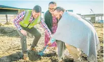  ?? ?? BBI’s Brendan O’Sullivan, Carmel Sepuloni, and kauma¯ tua Charles Ropitini turning sod to commemorat­e the start of constructi­on on the new Building Futures Jobs and Skills Hub.