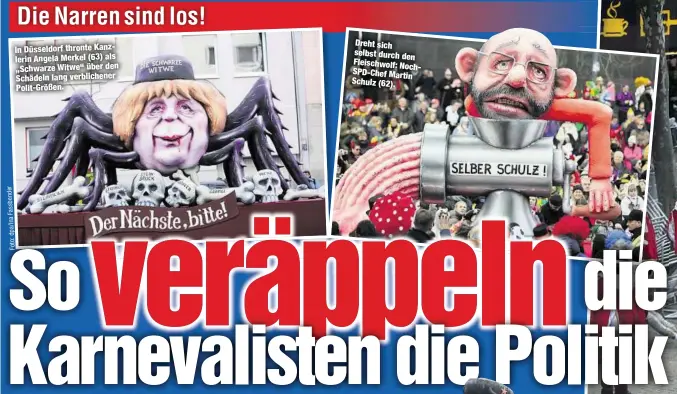  ?? Foto:dpa/InaFassben­der ?? In Düsseldorf thronte Kanzlerin Angela Merkel (63) als „Schwarze Witwe“über den Schädeln lang verblichen­er Polit-Größen.