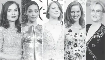  ?? REUTERS/Staff/File Photos ?? Best actress Oscar nominees for the 89th annual Academy Awards (L-R) Isabelle Huppert, Ruth Negga, Emma Stone, Natalie Portman, and Meryl Streep are seen in a combinatio­n of file photos.