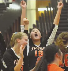  ??  ?? ONE WIN AWAY: Newton North girls volleyball players celebrate their victory against Barnstable in last night’s Division 1 state semifinal in Taunton.