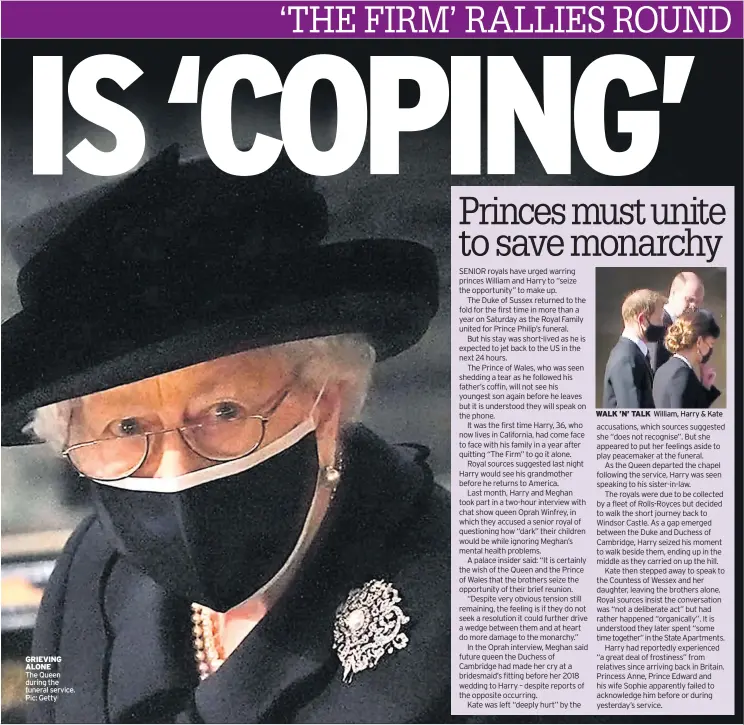  ??  ?? GRIEVING ALONE The Queen during the funeral service. Pic: Getty