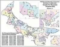  ??  ?? This is the second of two sample maps the electoral boundaries commission has created for discussion purposes. The heavy black outlines depict the existing 27 district boundary lines and the coloured areas depict how ridings could look with new...