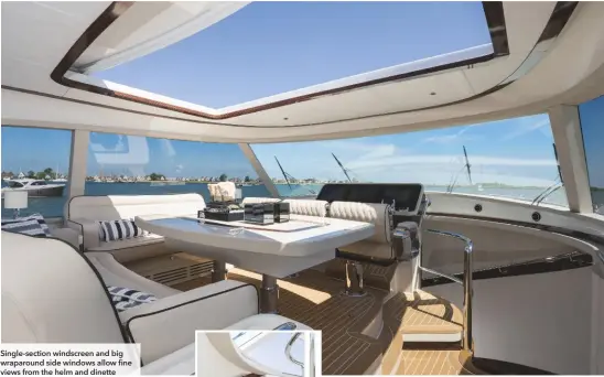  ??  ?? Single-section windscreen and big wraparound side windows allow fine views from the helm and dinette