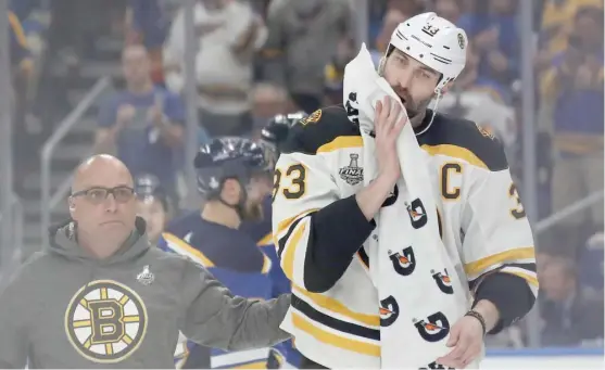  ?? BRUCE BENNETT/GETTY IMAGES ?? According to several media reports, Bruins defenseman Zdeno Chara suffered a broken jaw early in the second period of Game 4 against the Blues.