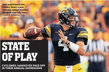  ?? [CHARLIE NEIBERGALL/THE ASSOCIATED PRESS] ?? Iowa quarterbac­k Nate Stanley throws a pass Saturday against Northern Illinois in Iowa City, Iowa.