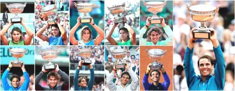  ??  ?? This combinatio­n of pictures shows Spain’s Rafael Nadal posing with the Muskeeters trophy during his eleven victories in the men’s French Tennis Open at the Roland Garros stadium. Nadal poses with his trophy on June 10, 2018 (right); (From top left to bottom right) on June 5, 2005; on June 11, 2006; on June 10, 2007; on June 8, 2008; on June 6, 2010; on June 5, 2011; on June 11, 2012; on June 9, 2013; on June 8, 2014 and on June 11, 2017. — AFP photo