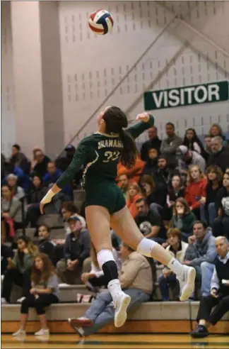  ?? MICHAEL REEVES — FOR DIGITAL FIRST MEDIA ?? Bishop Shanahan’s Cara Shultz soars for one of her potent serves Tuesday night against Downingtow­n West.