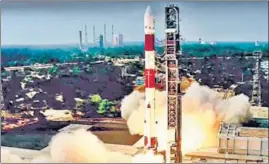  ?? ANI ?? The PSLV-C51 lifts off from the Satish Dhawan Space Centre in Sriharikot­a. In the first dedicated mission of its commercial arm NSIL, the ISRO launched Brazil’s Amazonia-1 and 18 other satellites that included one carrying a picture of PM Modi, and the Bhagavad Gita on Sunday.
