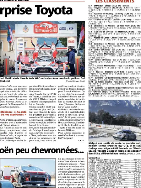  ?? (Photo Jo Lillini) (Photo Michael Alesi) (Photo Jo Lillini) ?? Jari Matti Latvala hisse la Yaris WRC sur la deuxième marche du podium. Qui l’eut cru ? Si la C de Lefebvre s’est octroyée son premier « scratch », hier, celle de Meeke avait piteusemen­t fini sa course sur le plateau d’une dépanneuse après un accident...