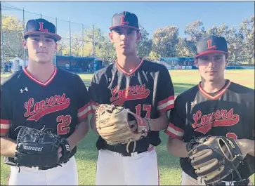  ?? Eric Borba ?? ORANGE LUTHERAN pitchers Cole Winn, left, Christian Rodriguez and Max Rajcic arguably form the most prolific three-man rotation in California as the Southern Section Division 1 playoffs begin Friday.
