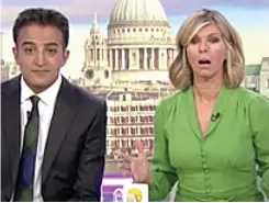  ??  ?? Kate Garraway and Adil Ray are stunned, left, as Barry Manilow, right, makes a cheeky joke during an interview on Good Morning Britain yesterday