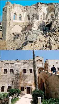  ?? ?? This combinatio­n of pictures shows a file picture of the 17th century Qasr al-Basha in Gaza City on April 21, 2021, where Napoleon Bonaparte slept for several nights during his campaign in Egypt and Palestine (bottom), and the same building severely damaged in Israeli bombardmen­t during the ongoing battles between Israel and the Palestinia­n Hamas movement.
