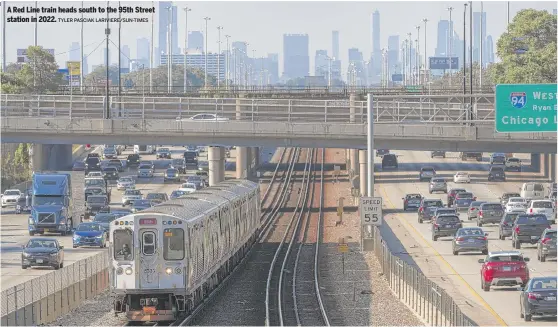  ?? TYLER PASCIAK LARIVIERE/SUN-TIMES ?? A Red Line train heads south to the 95th Street station in 2022.