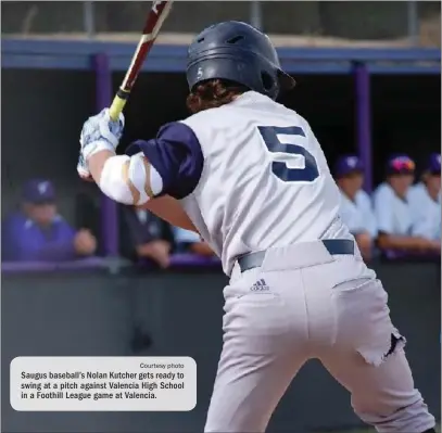  ??  ?? Courtesy photo Saugus baseball’s Nolan Kutcher gets ready to swing at a pitch against Valencia High School in a Foothill League game at Valencia.