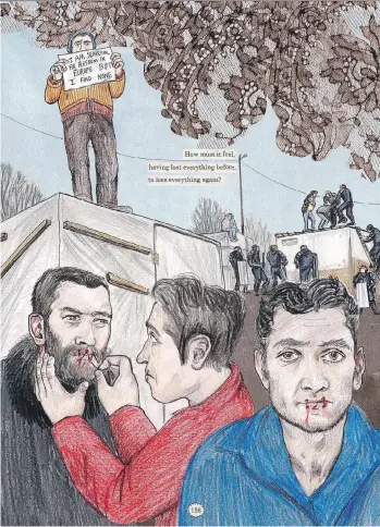  ??  ?? Kate Evans’ graphic novel Threads revolves around the refugee camp known as The Jungle in Calais, France.