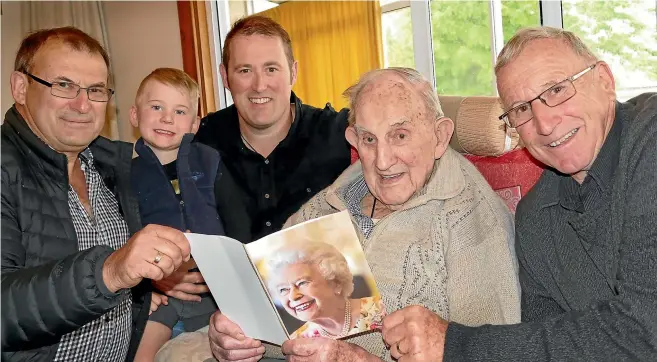 ?? JOHN HAWKINS/STUFF ?? Four generation­s of the Johnstone family with Ray, Jack, Guy, Tom and Colin Johnstone at Tom’s 100th birthday celebratio­ns in Winton on yesterday.
