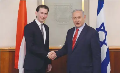  ?? (Kobi Gideon/GPO) ?? PRIME MINISTER Benjamin Netanyahu meets with then-Austrian foreign minister Sebastian Kurz in Jerusalem in 2016. Kurz has reversed his country’s stance toward Israel during his tenure to very supportive from very critical.