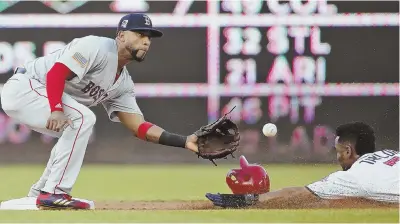  ?? APPHOTOS ?? TWO-WAY STAR: Eduardo Nunez celebrates his three-run homer (top) with Mitch Moreland and Rafael Devers, then tags out Michael Taylor trying to steal second base (left), both in the second inning of the Red Sox' 11-4 rout of the Nationals last night in...