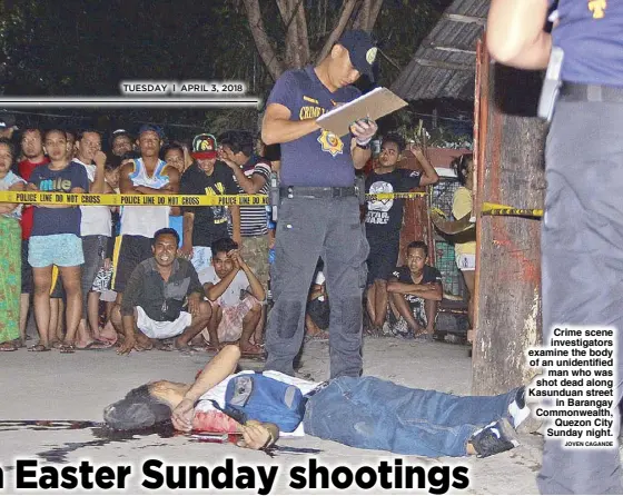  ?? JOVEN CAGANDE ?? Crime scene investigat­ors examine the body of an unidentifi­ed man who was shot dead along Kasunduan street in Barangay Commonweal­th, Quezon City Sunday night.