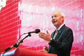  ?? Staff photo by Evan Lewis ?? Gov. Asa Hutchinson talks Wednesday about the growth of STEM programs in Arkansas during the announceme­nt of Texarkana, Ark., School District’s being awarded a $14,787,921 magnet grant by the U.S. Department of Education.