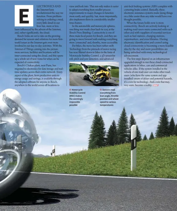  ??  ?? Motorcycle Stability Control (MSC) makes the seemingly impossible possible
Sensors read everything from lean angle, throttle position and wheel speed to various temperatur­es