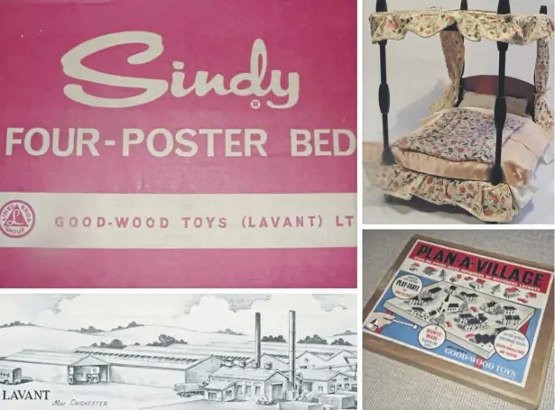 ?? ?? The Good-wood Playthings toy factory, Sindy bed packaging and another toy example, from Lavant History Project, and Sindy’s four-poster bed, from The Sindy Museum